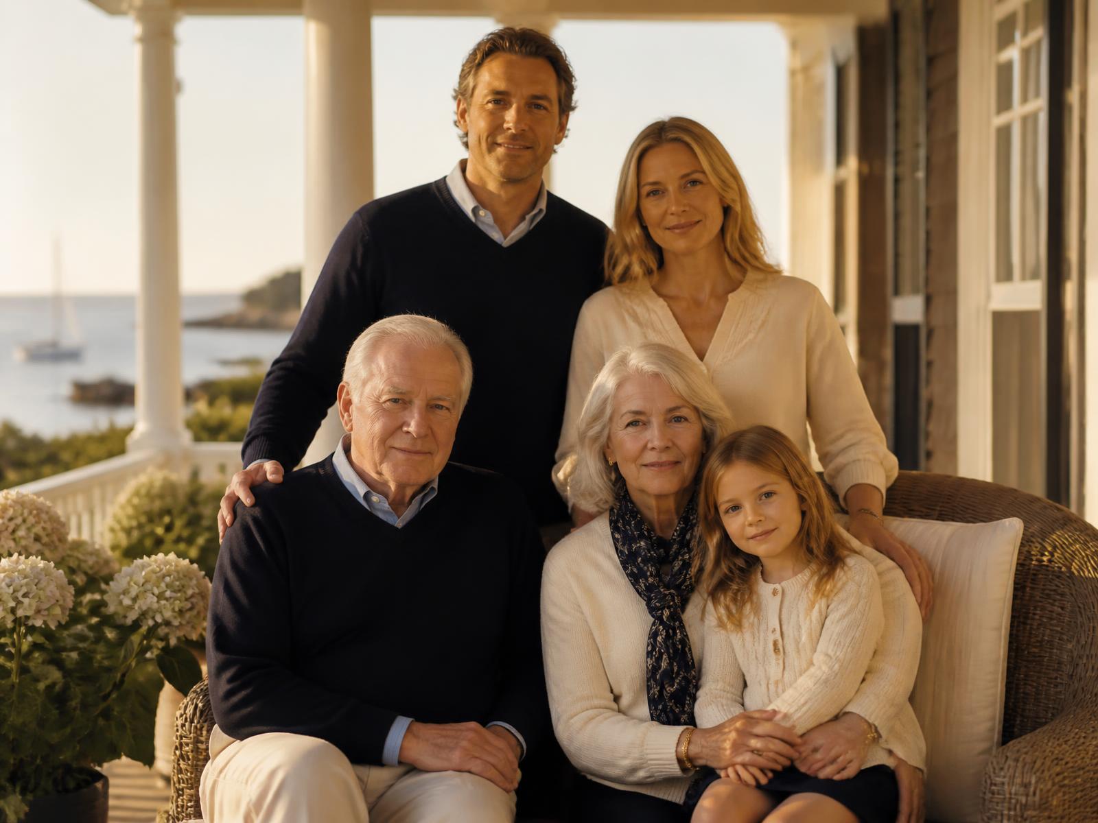 Three generations of a family together on a sunlit porch